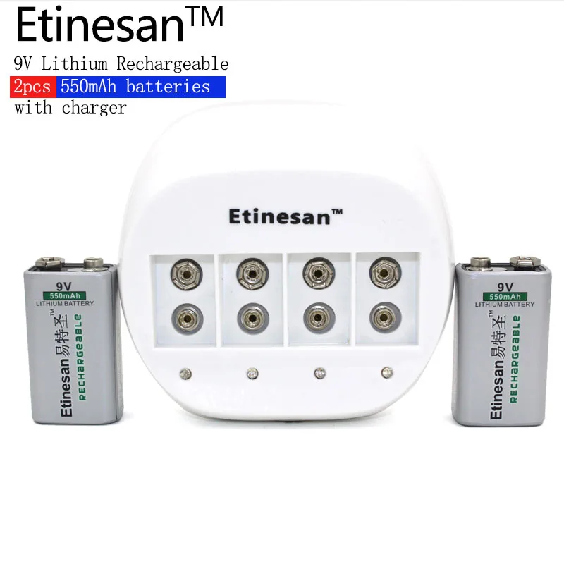 Acheter Puissant 2 pcs ETINESAN 9 v 550 mAh lithium li ion Rechargeable 9 V batterie pour GPS microphone Batterie + 4 slots 9 v li ion chargeur