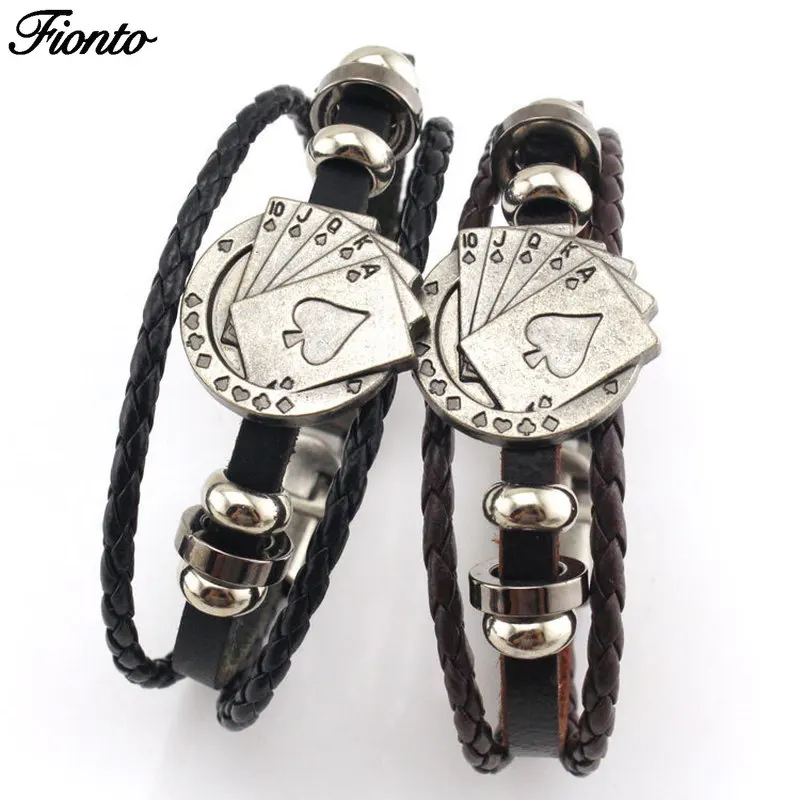 FIONTO Lucky Vintage Men's Leather Bracelet Playing Cards Raja Vegas Charm Multilayer Braided Women Pulseira Christmas Gifts | Украшения