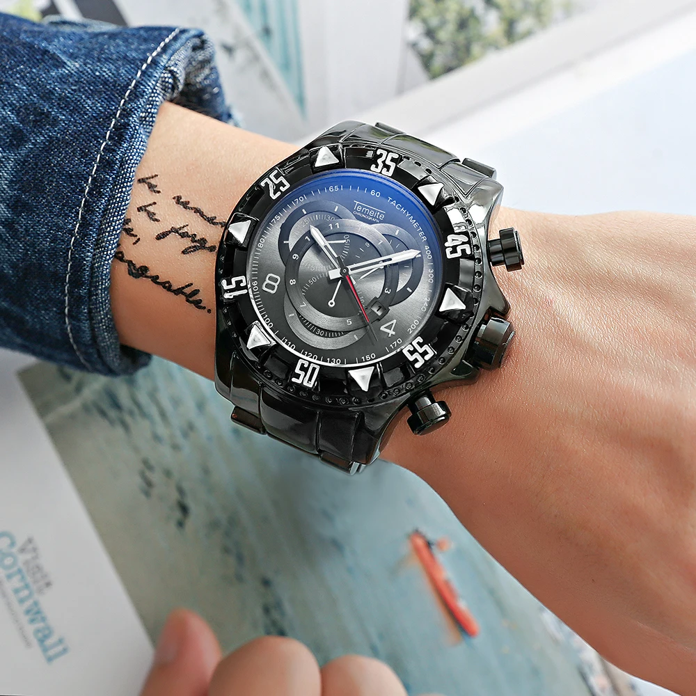 TEMEITE винтажные модные часы для мужчин кварцевые часы Медь Нержавеющая сталь ремешок Дата дисплей Лидирующий бренд роскошный большой чехол наручные часы