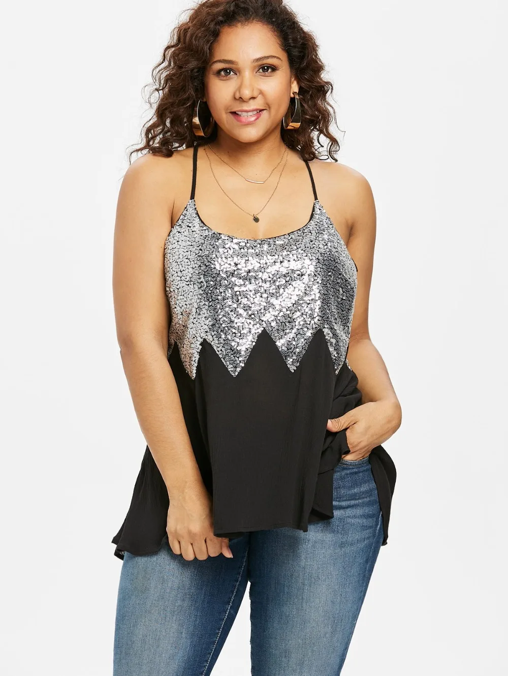 5XL Plus Size Sequined отделкой Dip Подол майка Женщины без рукавов Спагетти ремень Кружева