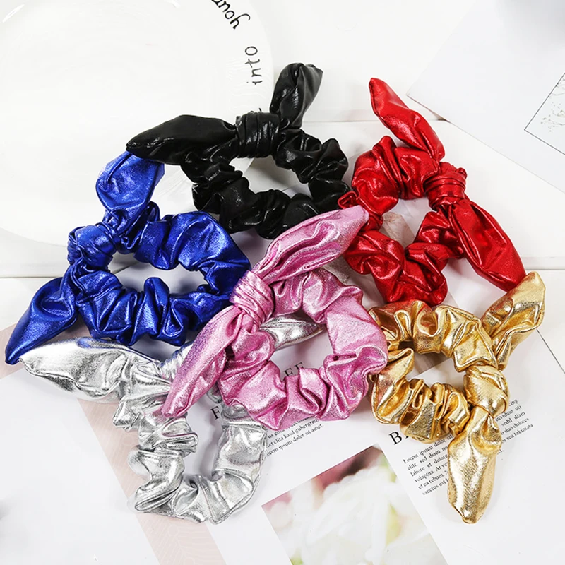 

LNRRABC Korean fashion leather cloth with solid color shiny ponytail elastic rabbit ears bow hair ring hair accessories girl