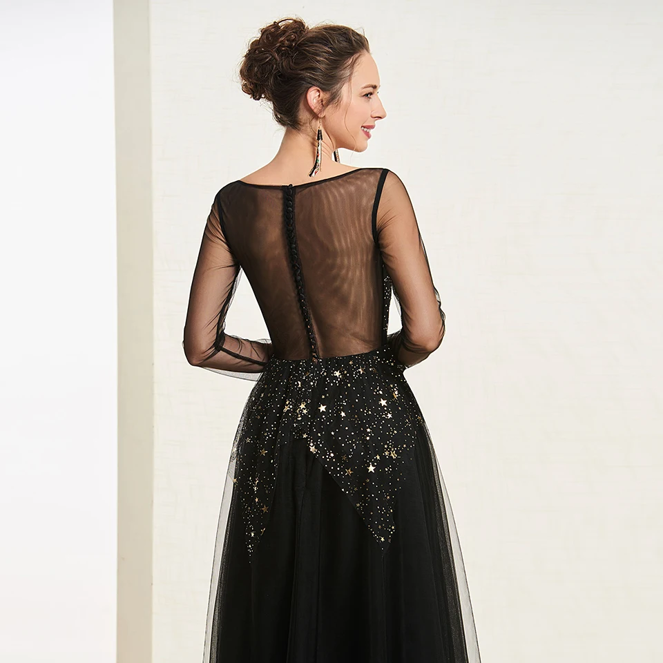 Dressv Черное вечернее платье трапециевидной формы с круглым вырезом, с длинными рукавами, на пуговицах, длина до пола, свадебное вечернее платье, вечернее платье es