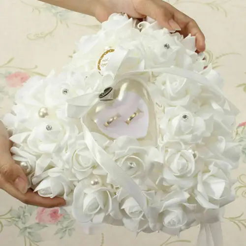 Heart-shape Rose Flowers Ring Box Ring Bearer Pillow Cushion Holder 1Pcs heart shape pillow
