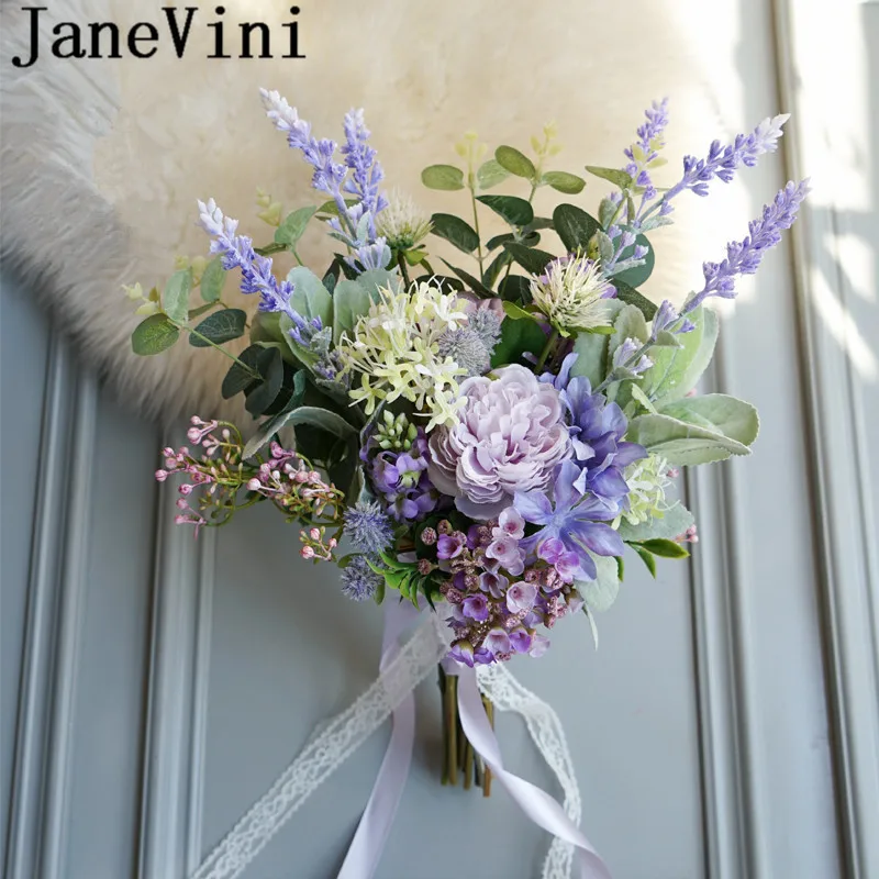 

JaneVini Lavender Purple Wedding Bouquets Bridal Single-sided Bouquet Bridesmaids French Style Bride Flowers Brooch Trouw Boeket