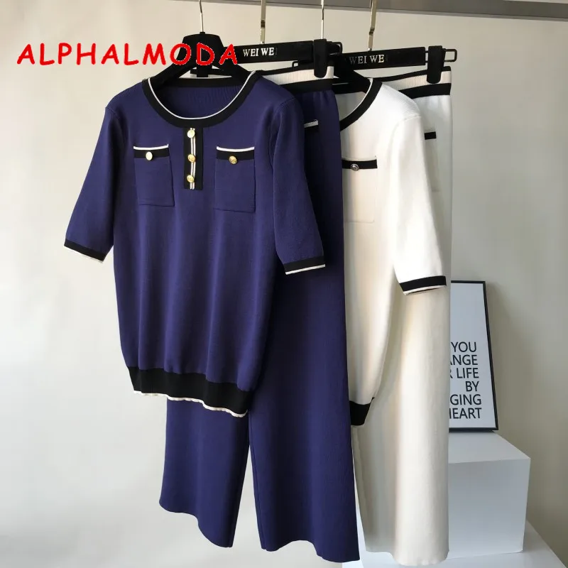 

ALPHALMODA Fashion Pocket Short-sleeved Sweater + Wide-leg Pants Women Casual 2pcs Suits for 2019 Summer