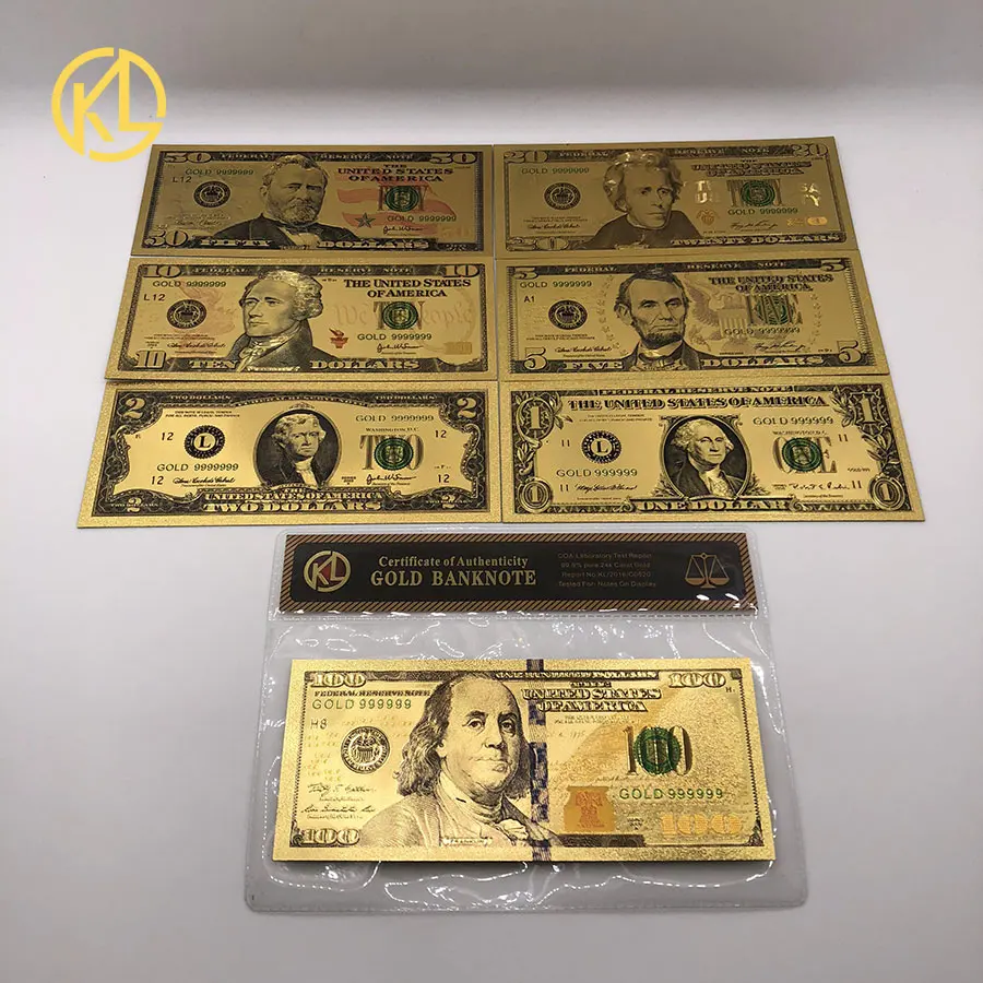 

7pcs/Set 24K Gold Plated Dollars Antique Plated High Quality Commemorative Notes Souvenir Home Decoration Realistic Banknotes