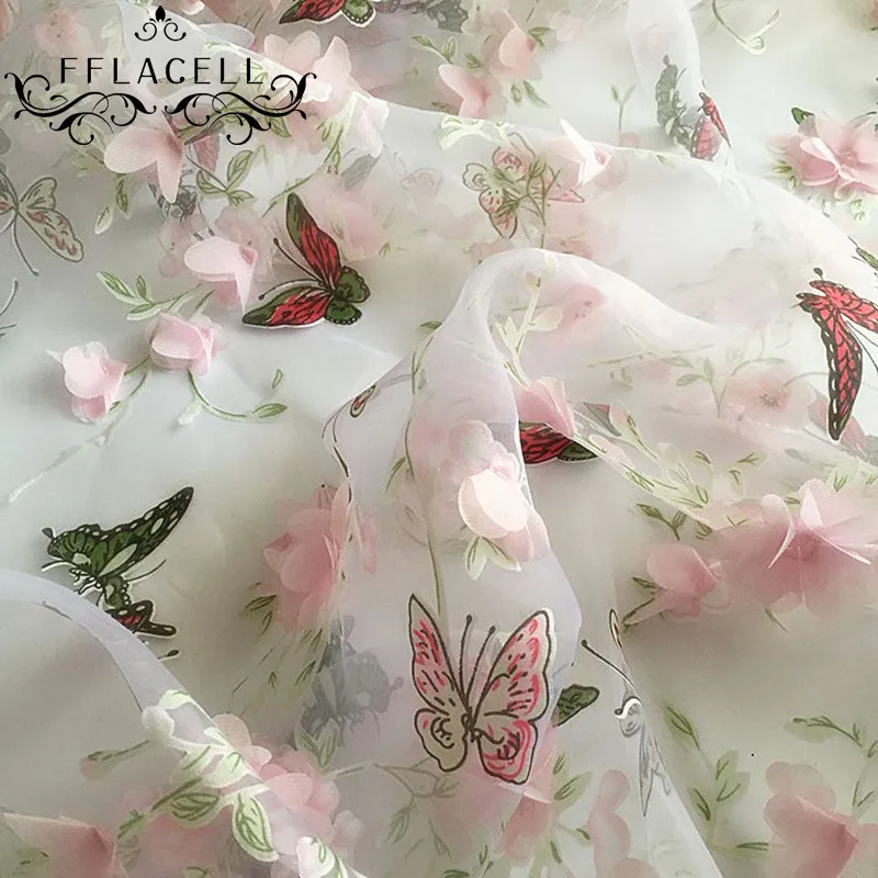 

FFLACELL 5yards Butterfly Organza Print 3D Embroidery Fabric Material African Lace Flower Sew Women Dress Clothes 130CM Width