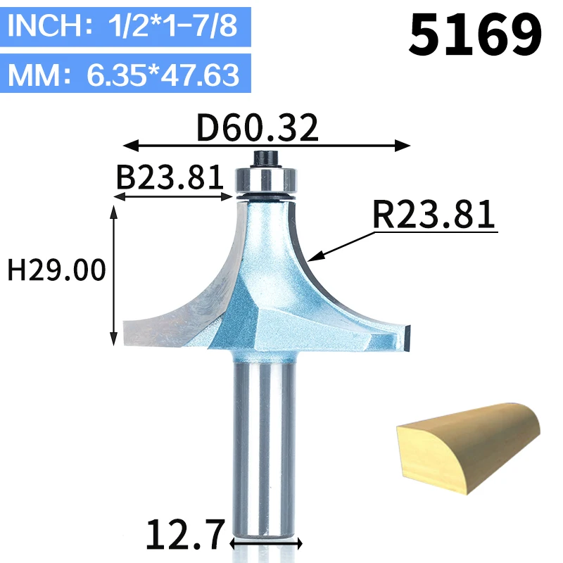 HUHAO 1 шт. круглые фрезы для дерева, деревообрабатывающий инструмент, промышленная Концевая фреза с подшипником, фреза, угловая круглая Концевая фреза - Длина режущей кромки: 5169