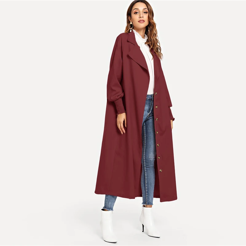 ROMWE однобортное длинное одноцветное пальто модное женское пальто Тренч шикарное Женское пальто весна осень длинный рукав