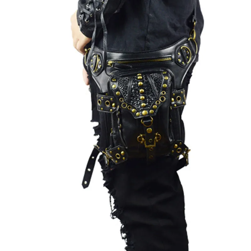 2019 PU Leather Steam Punk Gothic Shoulder Bag Man Personalized Rock Motorcycle Bag UnicMulti-functional Leg Belt Bum Waist Bag