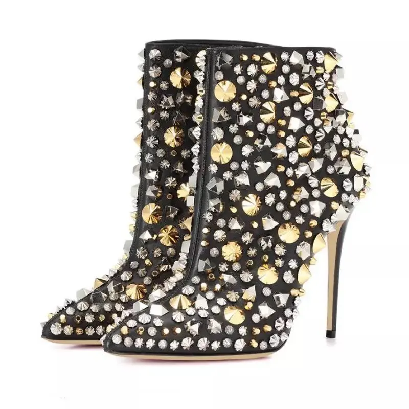 

Spikes Super High Heels 10 cm Ankle Boots For Women Ladies Shoes Fashion Rivets Bling Sequins Shiny Studded Short Boots