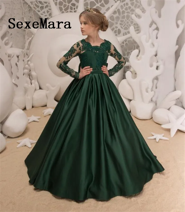 

Flower Girls Dress For Wedding Deep Green Lace Appliques Long Sleeves Bow Sash Birthday Dress Pageant Gown Custom Made