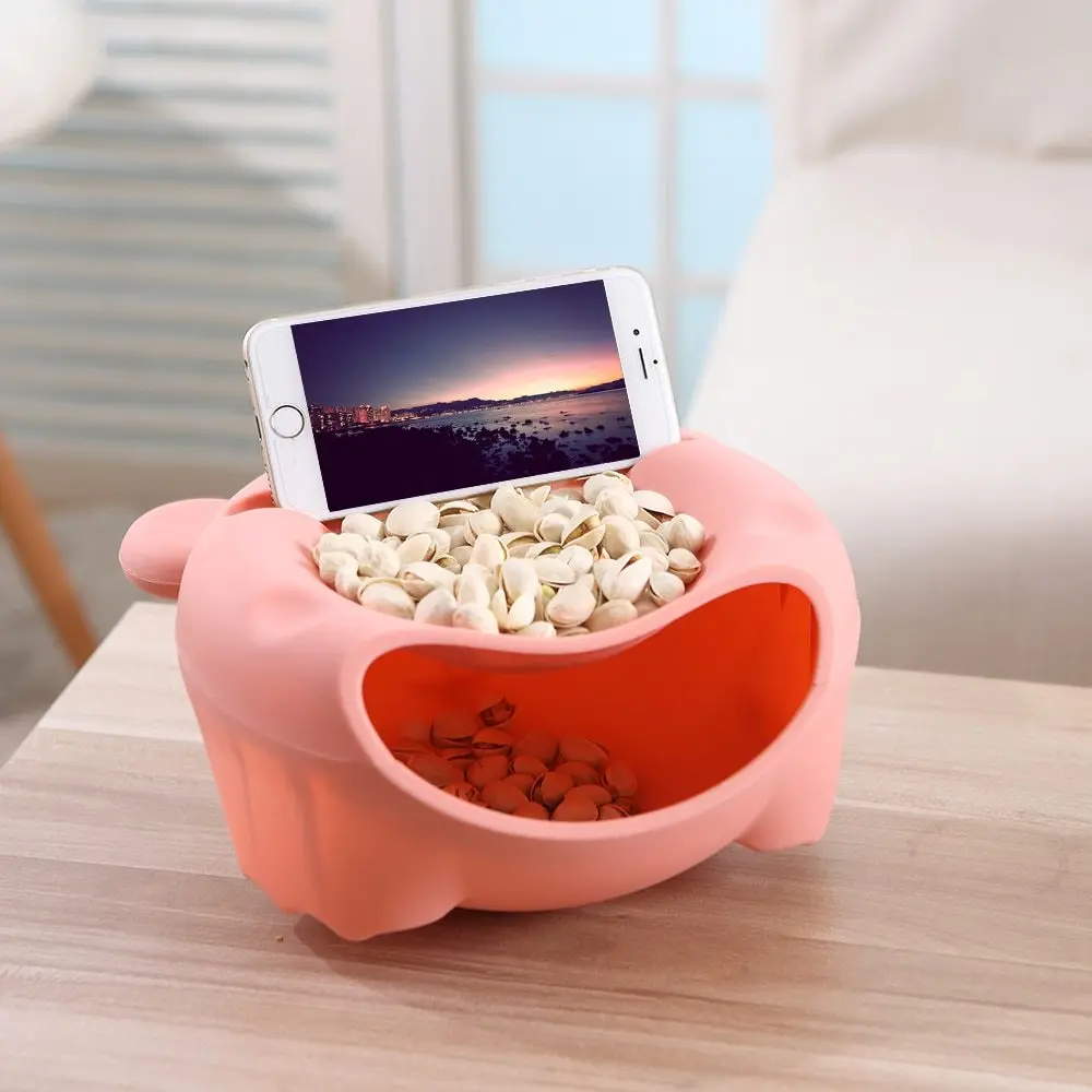 

Lazy Bear Double Layer Fruit Plate with Cellphone Stand Holder Food Snacks Seeds Garbage Holder Dish Container Storage Box