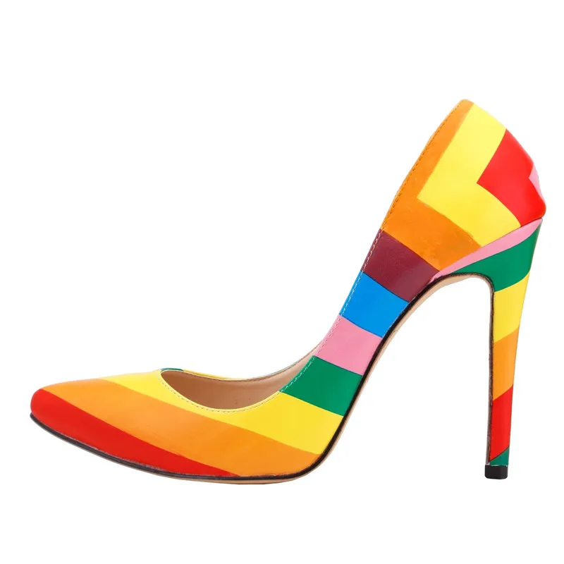

LOSLANDIFEN 2019 Women Flock Rainbow Pumps 11CM Stiletto High Heels Mixed Color Wedding Shoes Pointed Toe Slip-on Pumps