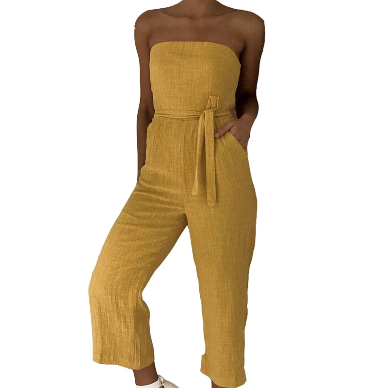Summer New Yellow Strapless Cotton Linen Jumpsuits Women Sleeveless
