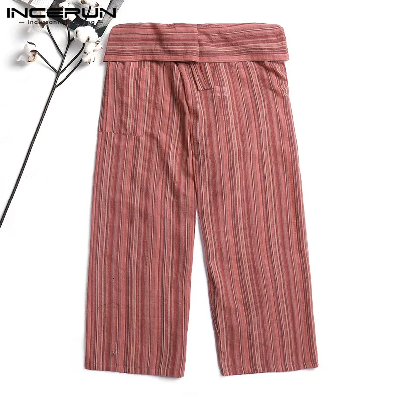 INCERUN тайские штаны для рыбалки мужские полосатые хлопковые свободные карманы широкие брюки для йоги повседневные Ретро Джоггеры мужские брюки летние S-5XL - Цвет: Red Pants