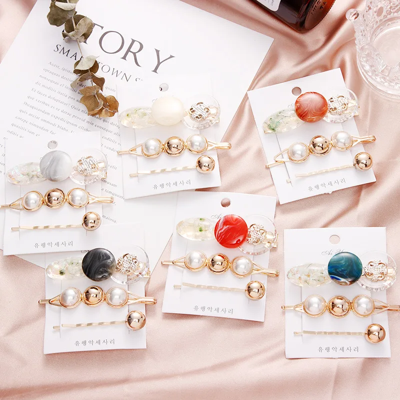 

3Pcs/ Set Fashion Women Pearl Metal Hairpins Colorful Beads Hair Clips Snap Barrettes Irregular Geometric Gift Hair Accessories