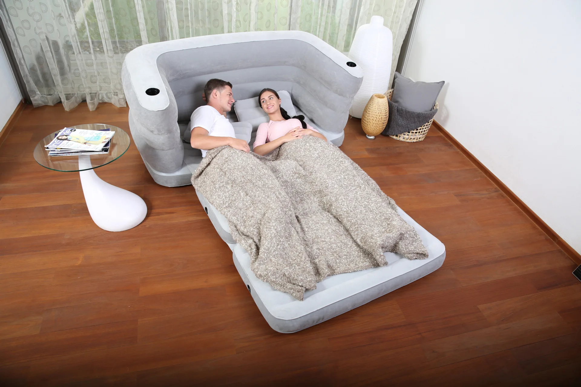 Inflatable Sofa Bed with Two Pillows& Cushion Home Flocking+PVC Sofa for Two People Indoors Lazy Inflatable Loungers