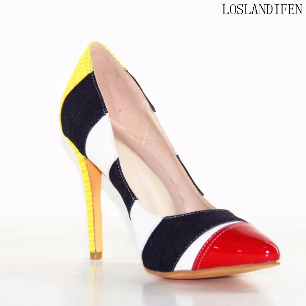 

New Simple Casual Style Handcrafted Ladies High Heel Pumps Patchwork Patent Cap-toe Slip-on Party Office Fashion Shoes X161035