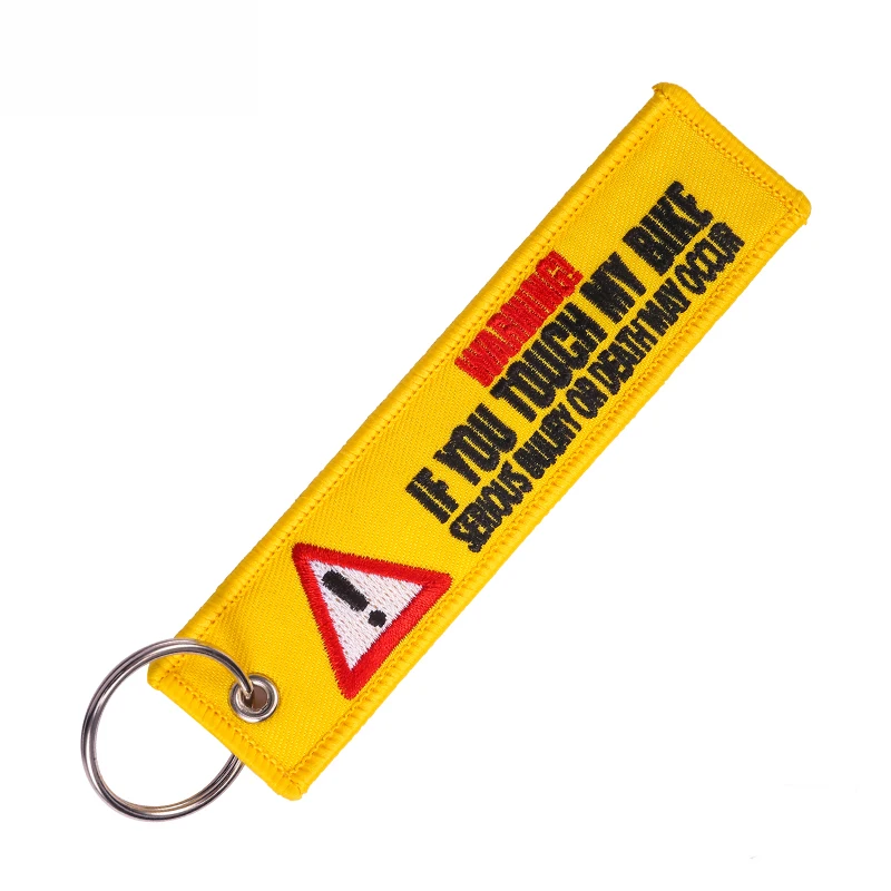 Один кусок брелок для ключей с предупреждением тег Запуск брелоки цепочки для мотоциклов и автомобилей ключ тег вышивка желтовато-опасный брелок