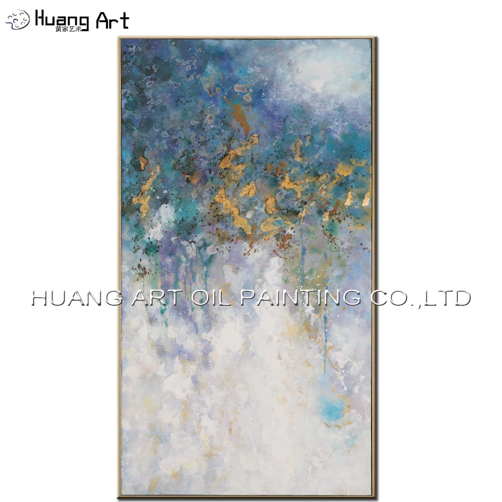 

New Design Oil Painting Works Art Handmade Modern Gold and Blue Abstract Landscape Painting On Canvas Hotel Home Decoration