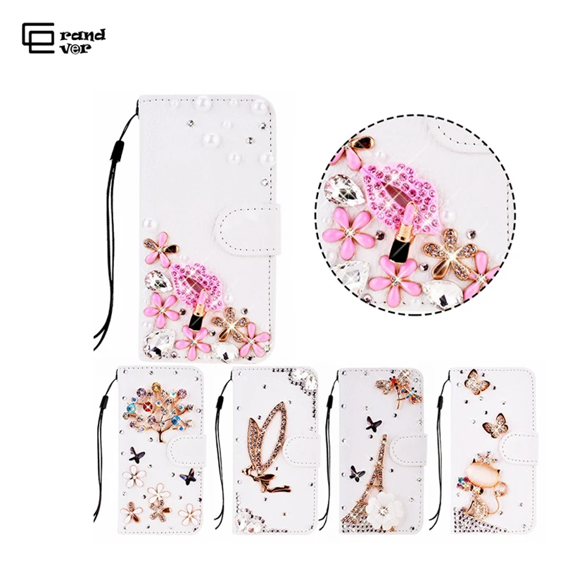 

Rhinestone Leather Flip Cover for iPhone SE 5C 5S 5 6S 6 Plus Crystal Wallet Bag Stand Card Slot Mirror Flower Cat White Shell