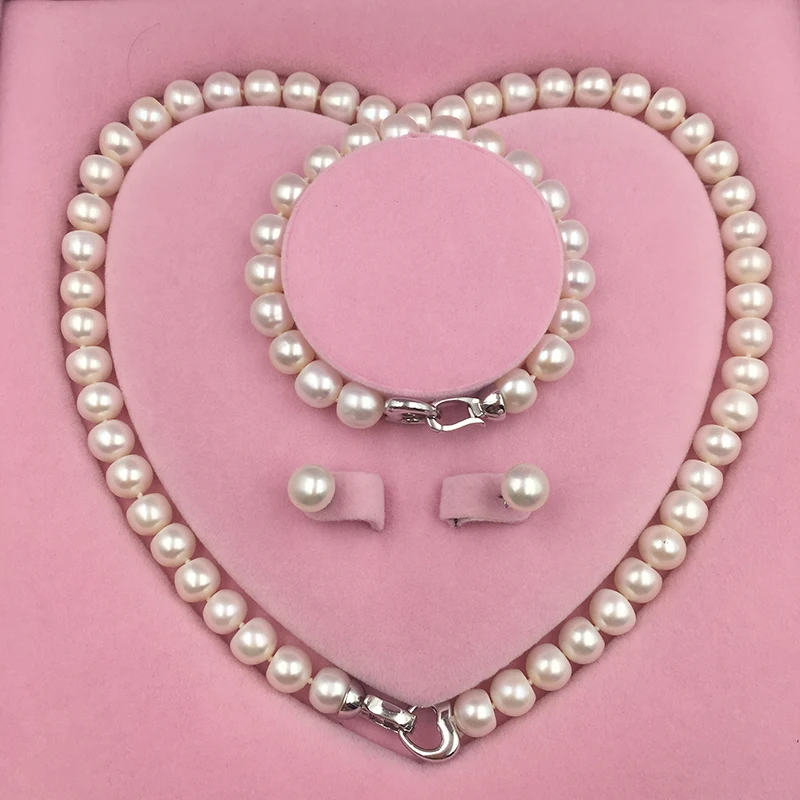 Sinya Natural Freshwater Pearls Strand Necklace Bracelet Earring Set heart design 925 sterling silver clasp for Mum women lover (2)