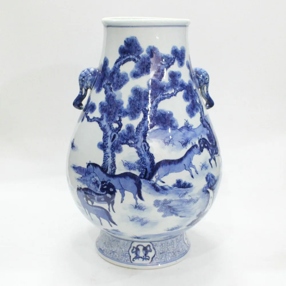 RYTR06 15.4 inch hand painted horses Blue white Vase with elephant