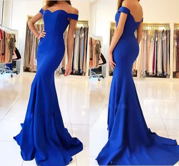 

Simple Off Shoulder Mermaid Bridesmaid Dresses Open Back Sweep Train Royal Blue Red Prom Party Dresses Vestidos de Fiesta Cheap