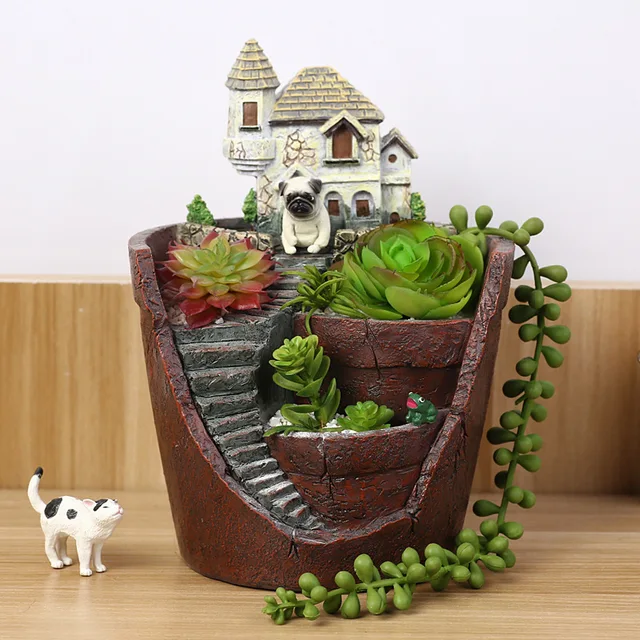 Creative Castle House Shaped Resin Garden Pot New Novelty Bonsai Plant Flower Pot For Office Desk Decorations