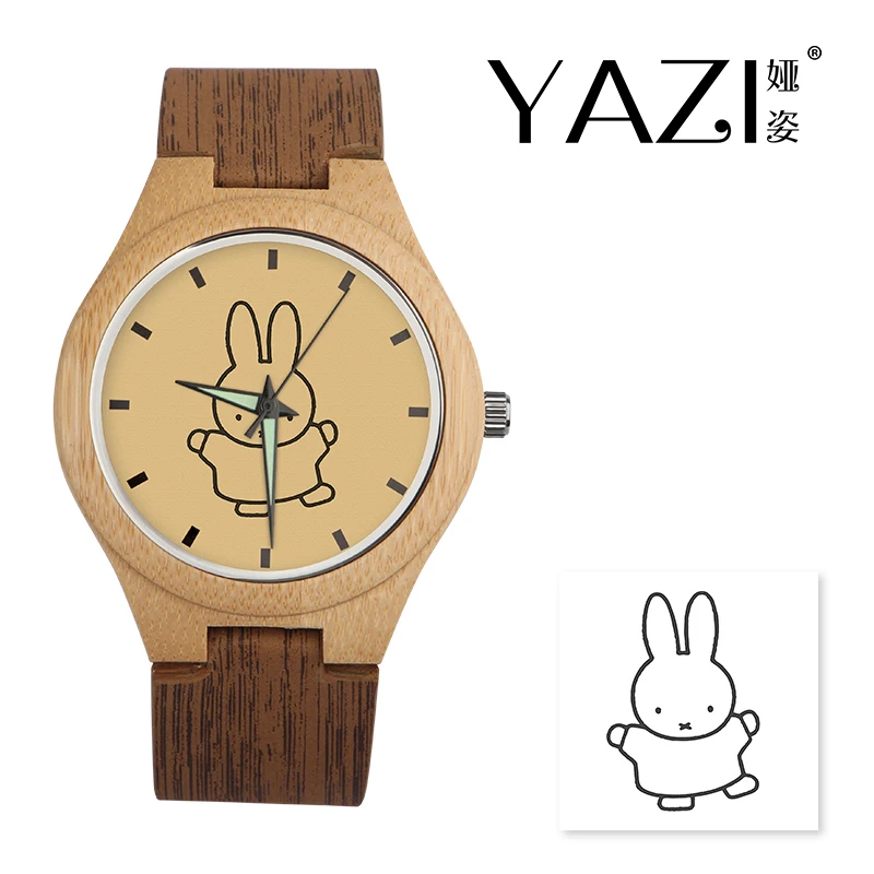 

YAZI DIY Wooden Watch Cute Rabbit Lucky Logo Quartz Watches Natural Bamboo Wood Case Wrist Watches Wood Stripe Band Memory Gift