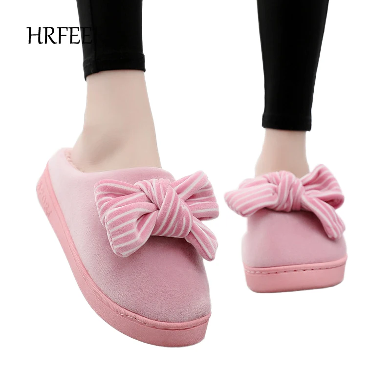 

HRFEER Women Home Slippers Faux Fur Warm Shoes Winter Bowknot House Slipper Women Pantufas Cozy Slides Slip On Flats Plus Size