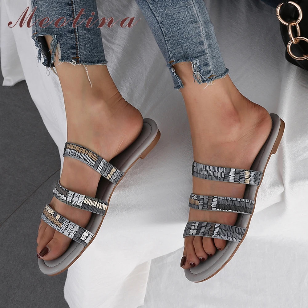 

Meotina Summer Slippers Women Shoes Glitter Flat Fashion Shoes Bling Open Toe Slides Lady Sandals 2019 Brown Gray Big Size 36-45