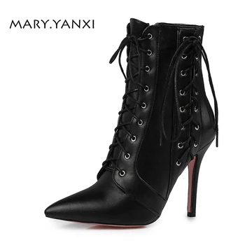 

Winter Women Shoes Ankle Chelsea Boots Pointed Toe Thin Heels Big Size Fashion Sexy Solid Lace-up Fleeces Cross-tied