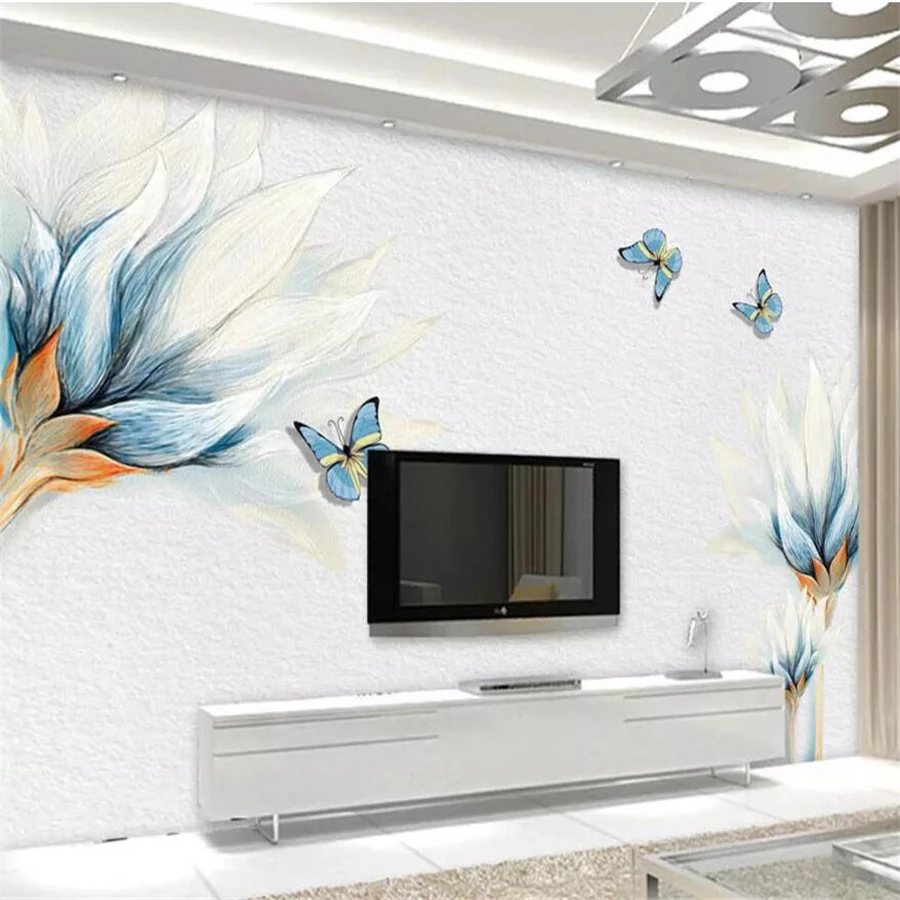 3d фотообои beibehang на заказ синие ручная роспись цветы Бабочка фон для телевизора