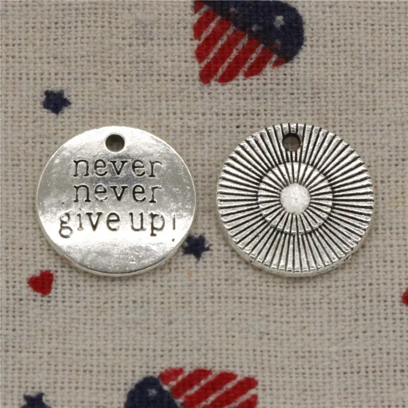 12pcs Charms plates never give up 20mm Tibetan Silver Vintage Pendants For Jewelry Making DIY Bracelet Necklace | Украшения и