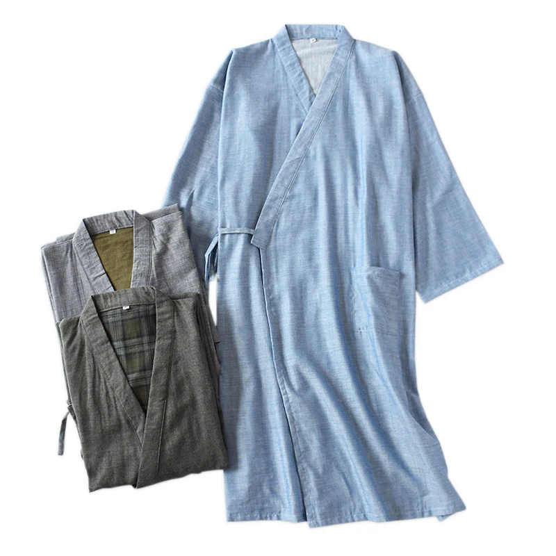 Pure color kimono robes men Spring 100 cotton simple male bathrobes