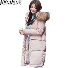 Модный женский длинный пуховик, утепленное теплое пуховое пальто, женские куртки с капюшоном и длинными рукавами, Повседневная парка с большим меховым воротником, ST401