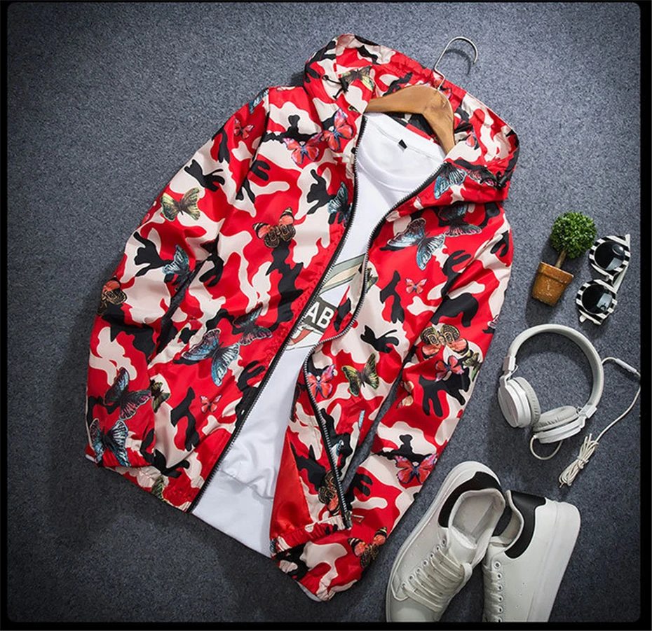 Mens Casual Camouflage Hoodie Jacket 2018 New Autumn Butterfly Print Clothes Men's Hooded Windbreaker Coat Male Outwear WS505