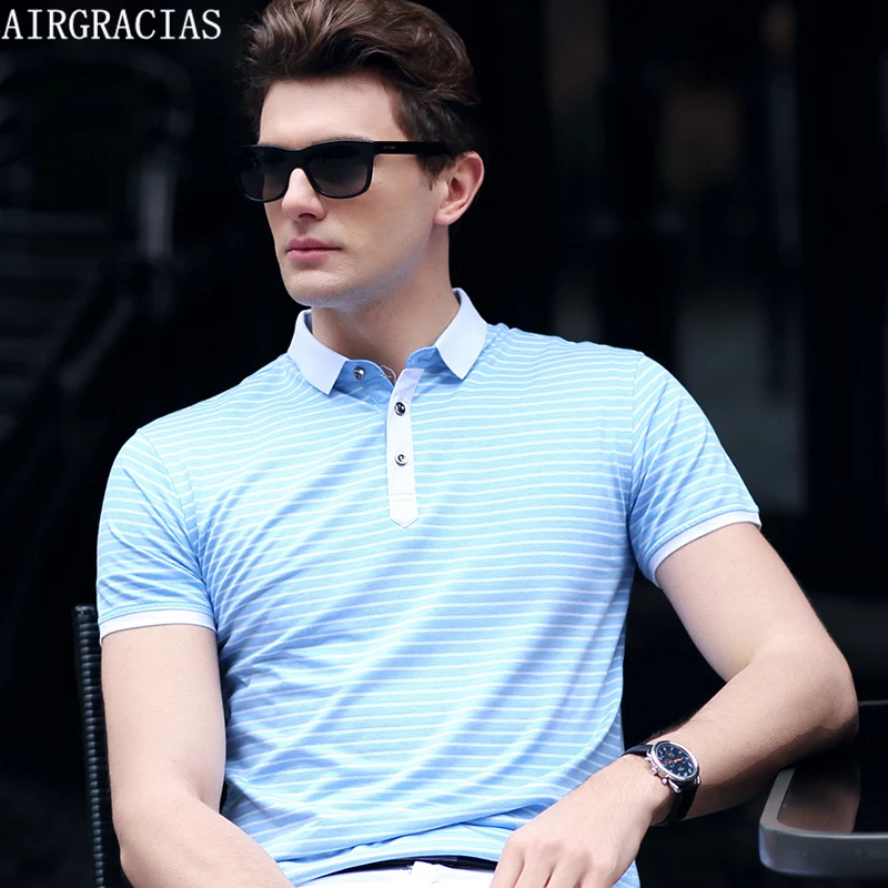 AIRGRACIAS Mens Striped Polo Shirt Summer Fashion Men Polo Shirts Short ...