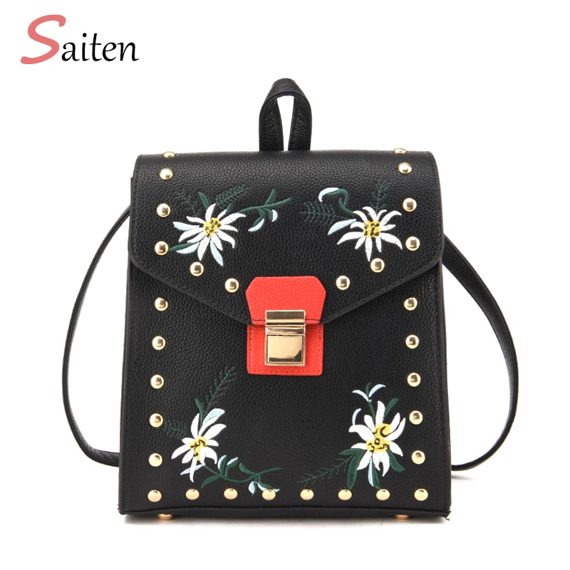 2017 Brand Vintage Women Backpack Embroidery Leather PU School Backpacks For Teenage Girls Casual High Quality