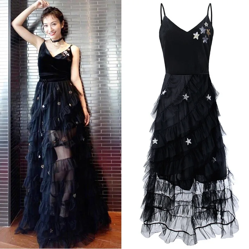 

Star Wu Xin's same sling with velvet stitching perspective screen yarn Star Dress and ankle 8245