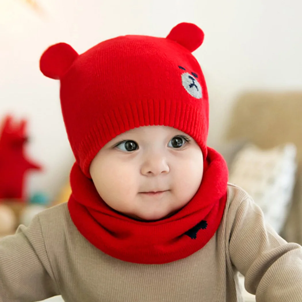 

Fashion Baby Kids Bear Ear Hats Set 2pcs Knitted Warm Beanies Cap + Scarf Ring Protects Ear Bonnet Baby Winter Hat + Scarf Suits