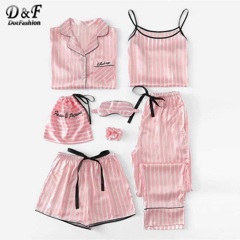 

Dotfashion Pink 7Pcs Letter Embroidered Striped PJ Set With Shirt Pajamas For Women 2019 Summer Casual Long Sleeve Loungewear