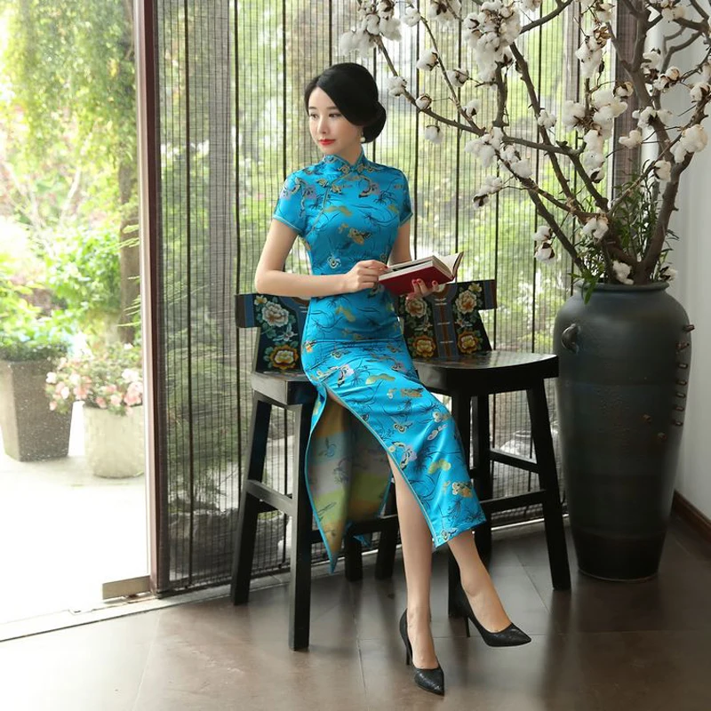 

Old Shanghai Women Vintage Satin Banquet Cheongsam Mandarin Collar Long Qipao Long Evening Party Dress Vestidos