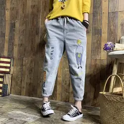 Повседневное Потертая джинсовая ткань штаны-шаровары для девочек вышитые джинсовые брюки Мори девушка 2019