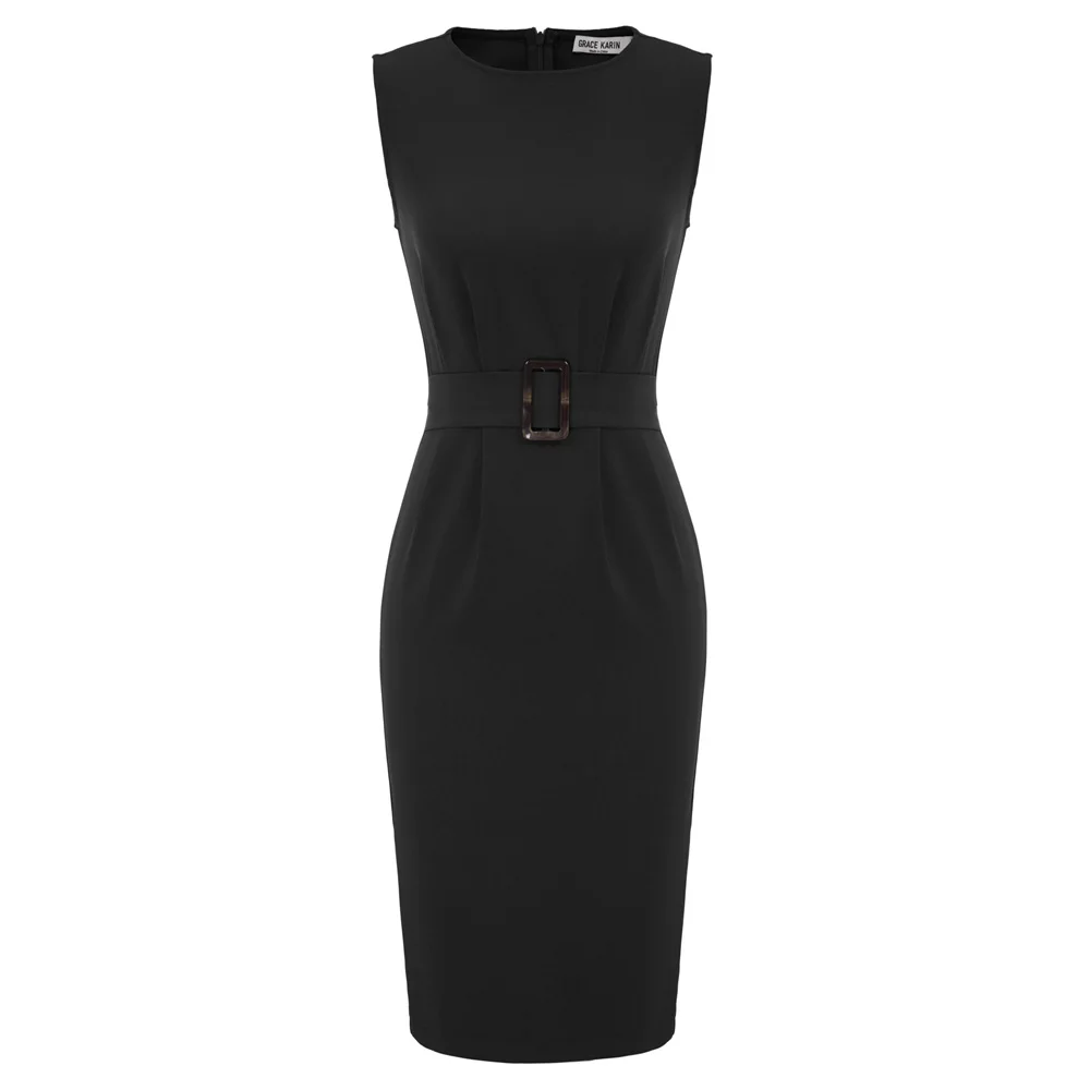 

GK Women Sleeveless Belt Decorated Back Split Hips-Wrapped Bodycon Pencil Dress