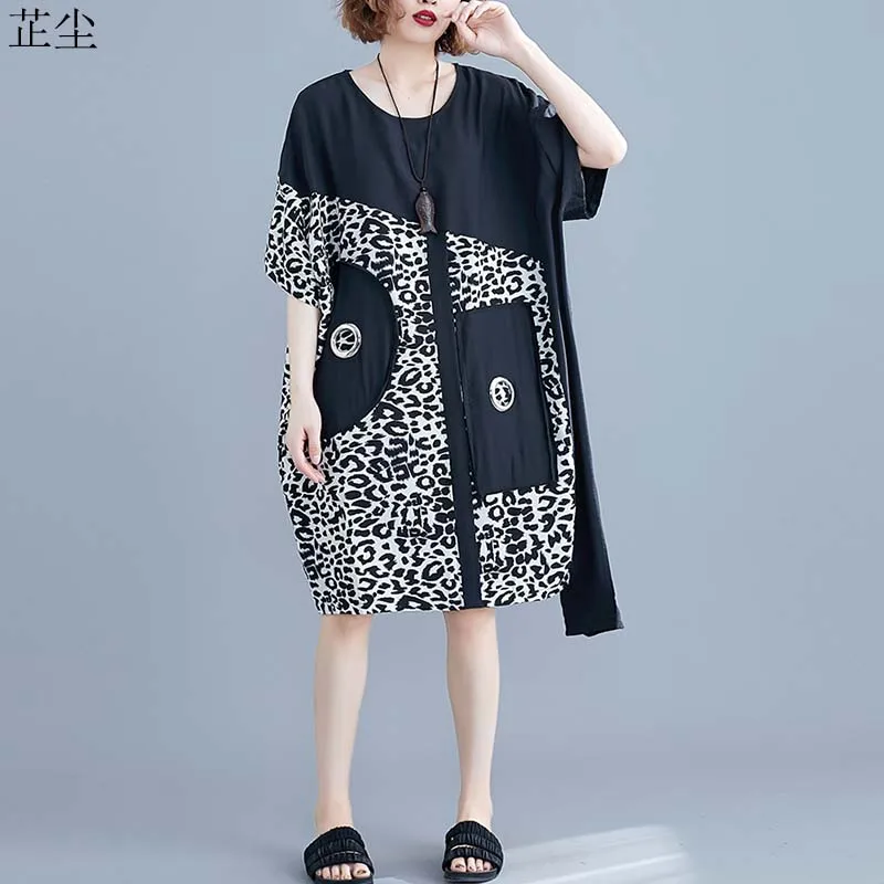 

Plus Size Korean Leopard Splice Women Dress Short Sleeve Loose Cotton Beach Dress Vintage Summer Sundress 4XL 5XL 6XL 2019 New