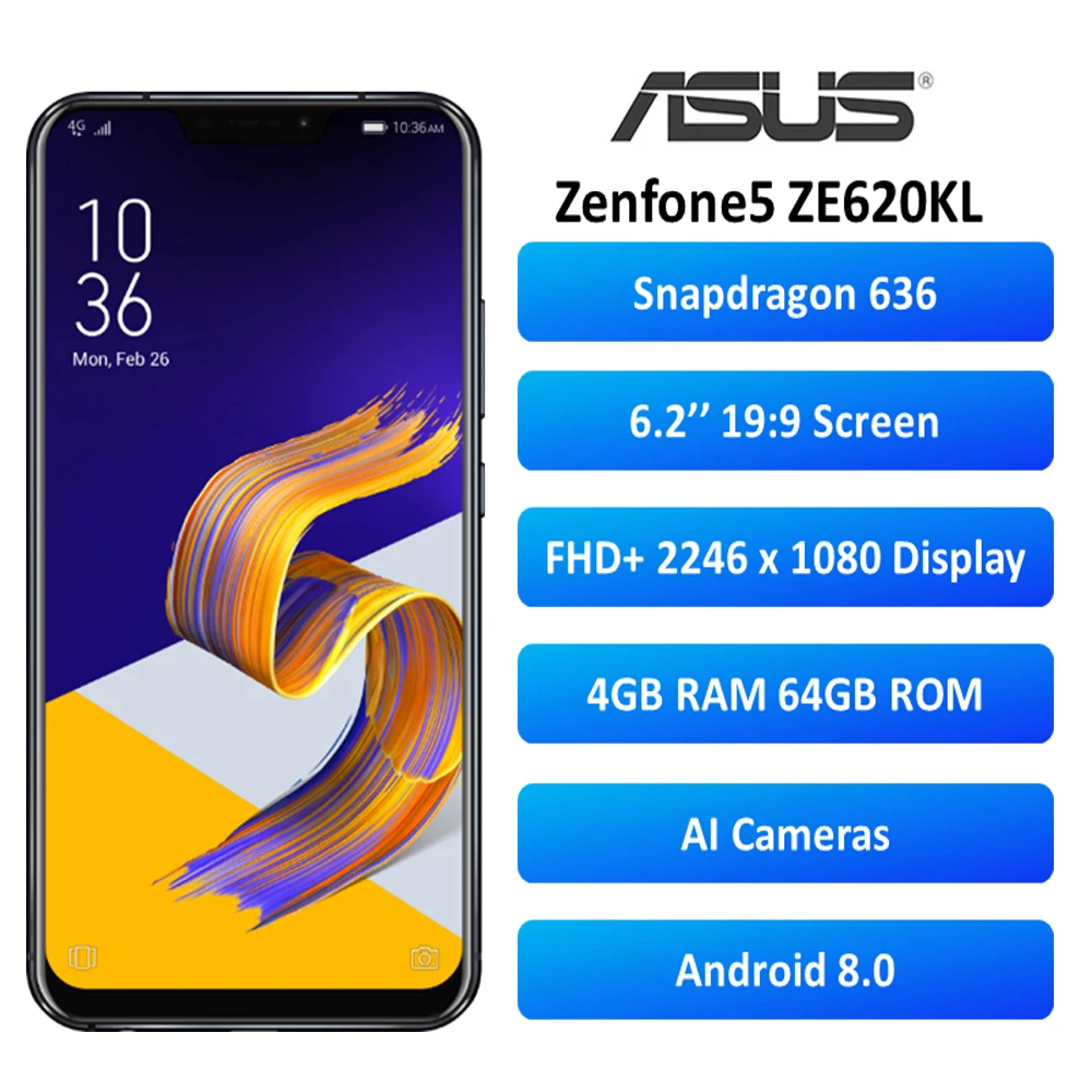 ASUS Zenfone 5 ZE620KL 6," 19:9 FHD+ 2246*1080 экран Android 8,0 мобильный телефон 4 Гб 64 Гб NFC