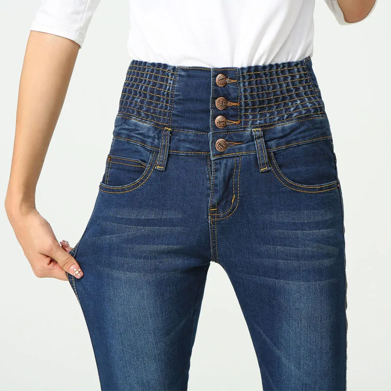 Thin elastic waist straight leg jeans women Summer pants high waist ...